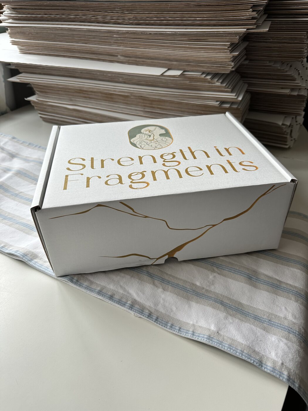 Branded Strength in Fragments care box with stacked packaging ready for the Care Boxes pilot