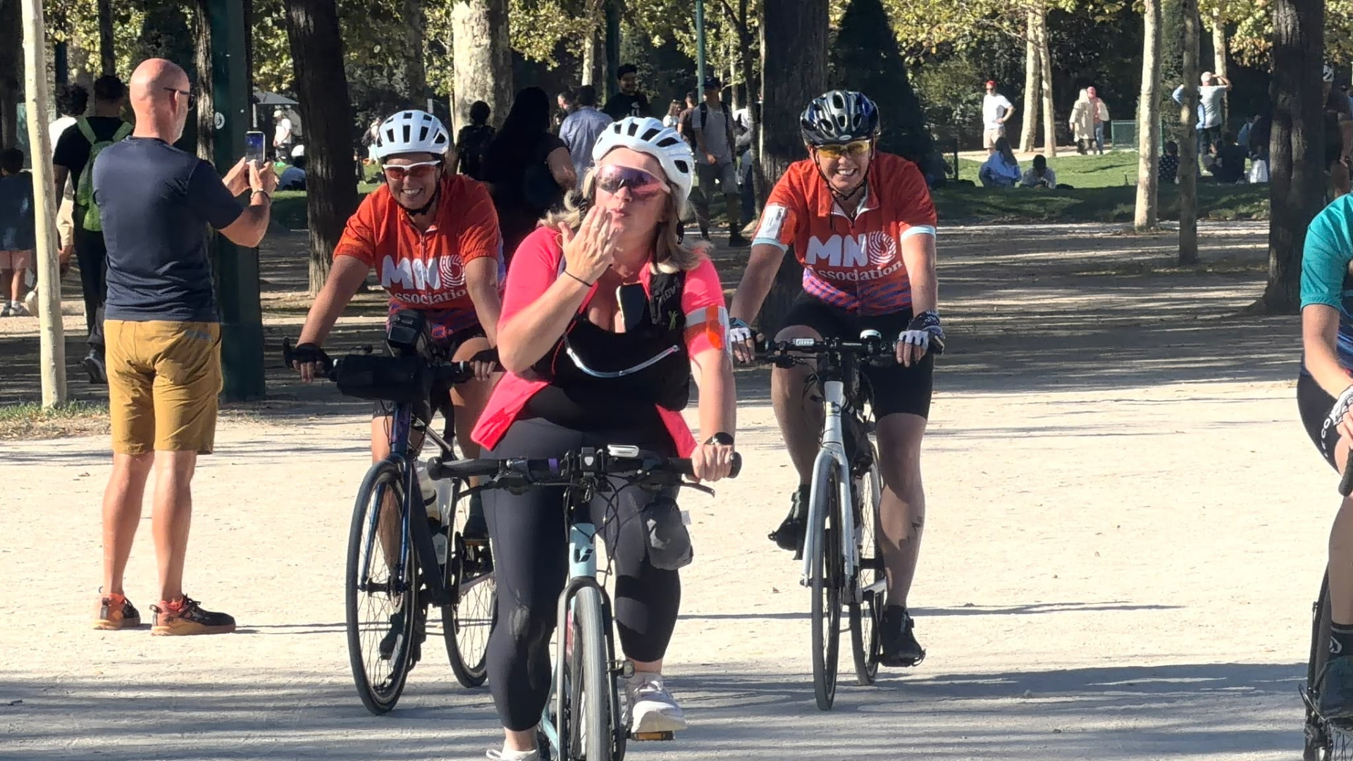 Katrina Gwynne-Jones riding her bike on the London to Paris charity cycle challenge